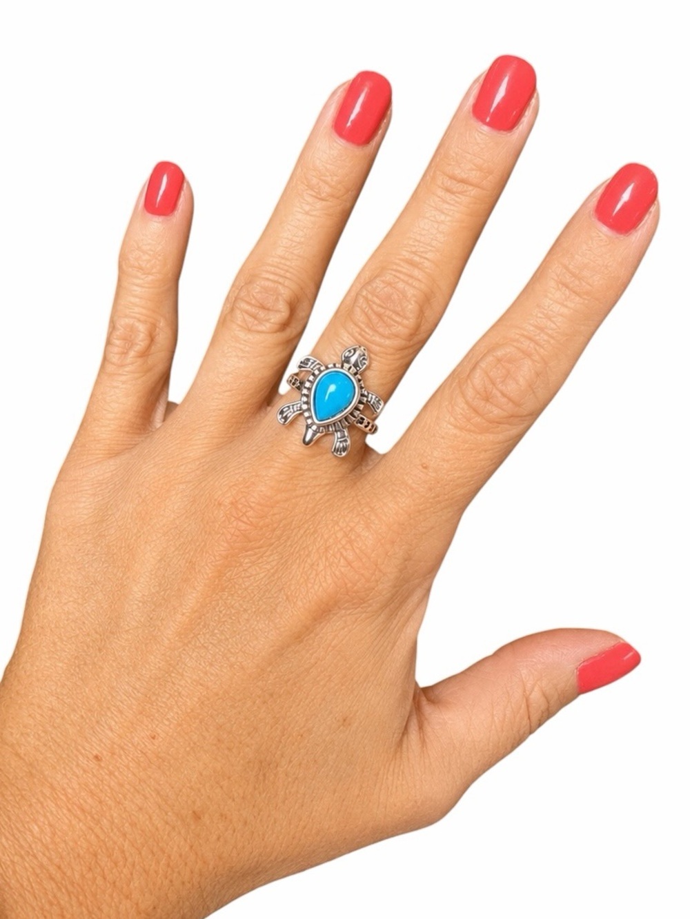 Silvertone Large Turtle & Faux Turquoise Beachy Boho Ring